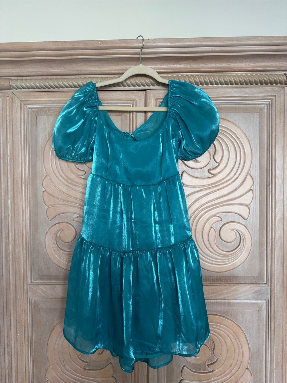 Girls Shimmery Teal Puff-Sleeve Tiered Party Dress